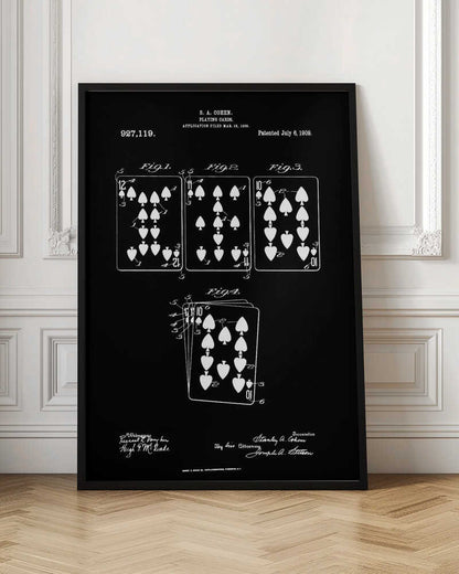 A framed black and white patent illustration from 1909 for playing cards by S.A. Cohen. The blueprint-style drawing shows four figures of playing cards, primarily with spade and heart suits, on a black background. Text and signatures related to the patent are visible at the top and bottom. Wall Art