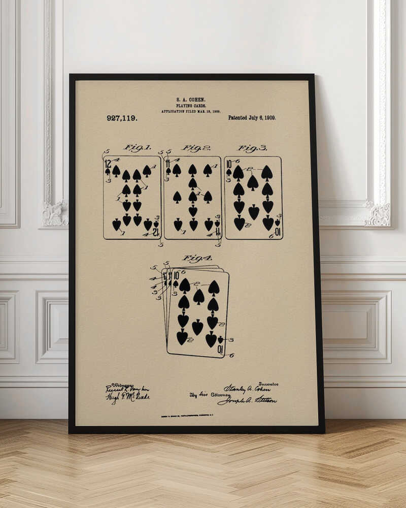 A framed vintage patent print for S. A. Cohen's playing cards, dated July 6, 1909. The print is on beige paper with black ink, showing diagrams of the 12, 11, and 10 of spades, along with technical text and signatures. Wall Art