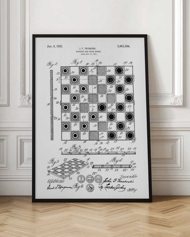 A framed black and white patent illustration for a Checker and Chess Board, dated January 9, 1923. The drawing by inventor J. F. Truskoski shows detailed diagrams of the game board and pieces, complete with reference numbers, figures, and signatures. Print