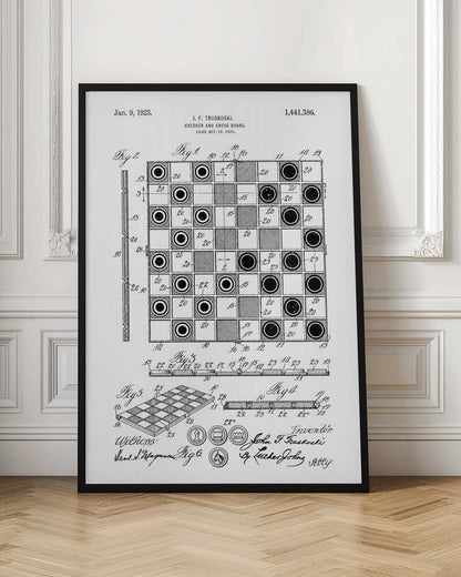 A framed black and white patent illustration for a Checker and Chess Board, dated January 9, 1923. The drawing by inventor J. F. Truskoski shows detailed diagrams of the game board and pieces, complete with reference numbers, figures, and signatures. Print