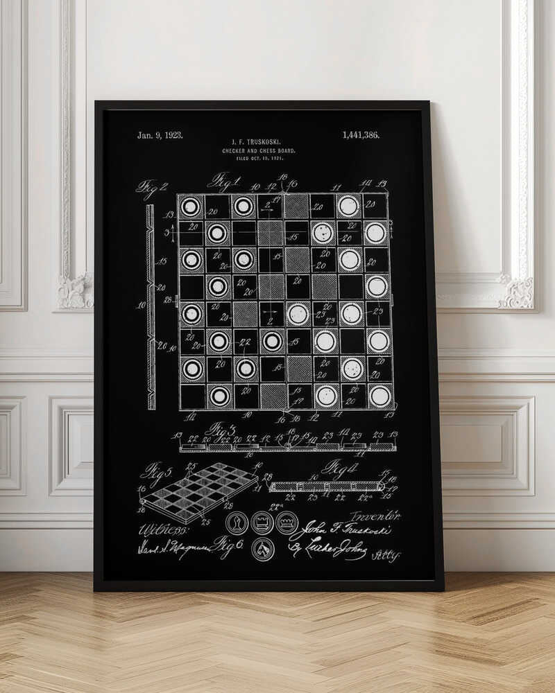 A framed vintage patent illustration for a checker and chess board, presented in a white-on-black blueprint style. The poster displays detailed technical drawings, including a top-down view of the game in progress, a perspective view of the board, and various figures with annotations, all dated Jan. 9, 1923. Wall Art