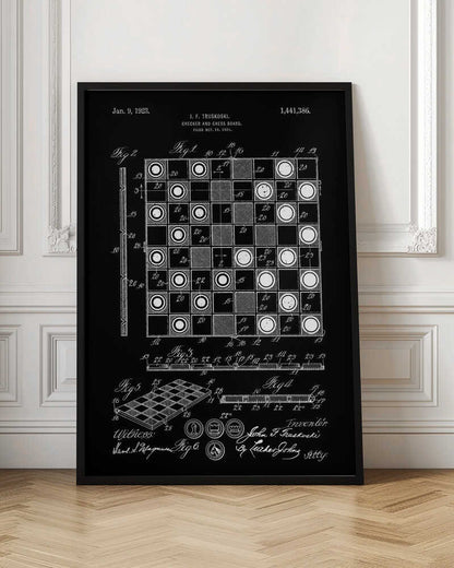 A framed vintage patent illustration for a checker and chess board, presented in a white-on-black blueprint style. The poster displays detailed technical drawings, including a top-down view of the game in progress, a perspective view of the board, and various figures with annotations, all dated Jan. 9, 1923. Wall Art