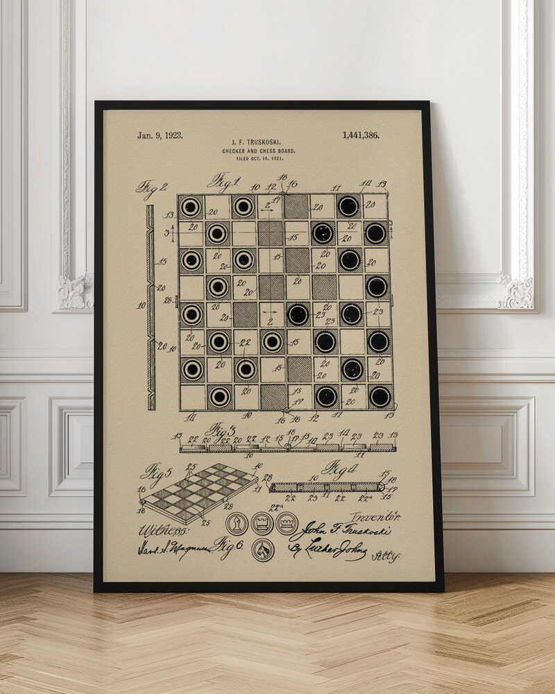 A framed vintage patent illustration for a Checker and Chess Board by J.F. Truskoski, dated 1923. The technical drawing is in black ink on aged beige paper and shows various diagrams of the game board and pieces, complete with labels and signatures. Artwork
