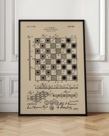 A framed vintage patent illustration for a Checker and Chess Board by J.F. Truskoski, dated 1923. The technical drawing is in black ink on aged beige paper and shows various diagrams of the game board and pieces, complete with labels and signatures. Artwork