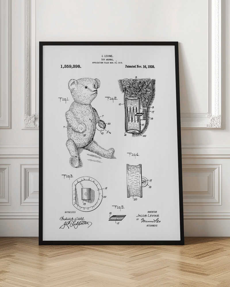A framed black and white print of a US patent for a 'Toy Animal' by J. Levine, dated November 16, 1920. The illustration features multiple figures, including a full drawing of a teddy bear and detailed cross-sections of its internal mechanisms. Artwork