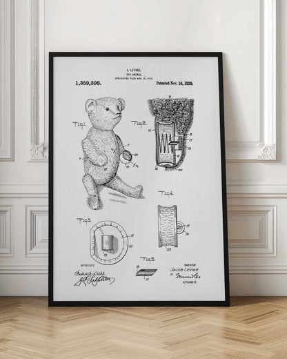 A framed black and white print of a US patent for a 'Toy Animal' by J. Levine, dated November 16, 1920. The illustration features multiple figures, including a full drawing of a teddy bear and detailed cross-sections of its internal mechanisms. Artwork