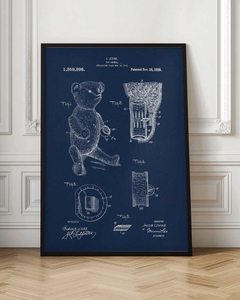 A framed vintage patent blueprint for a toy animal, specifically a teddy bear. The poster is dark blue with white line drawings and text, showing various figures and cross-sections of the bear and its internal mechanisms. Text at the top reads 'J. Levine, Toy Animal, Patented Nov. 16, 1920'. Wall Art