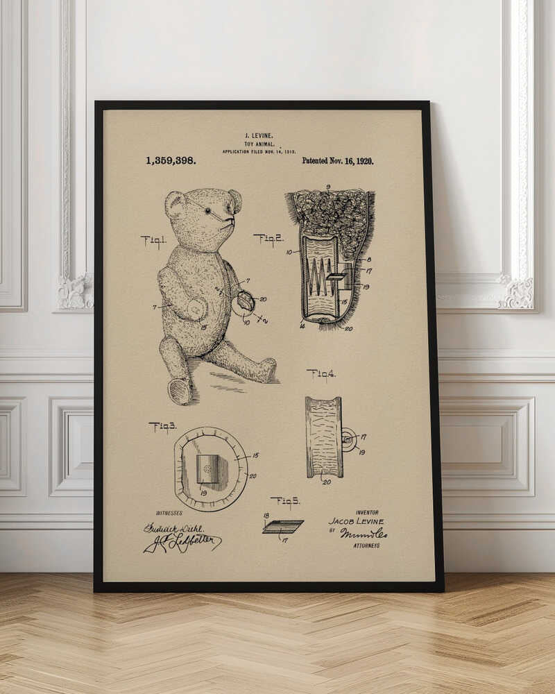 A framed vintage patent illustration for a 'Toy Animal,' specifically a teddy bear, by inventor J. Levine. The drawing is on beige parchment-style paper with black ink, showing multiple figures including a full teddy bear and detailed cross-sections of its internal mechanisms. The patent number 1,359,398 and date Nov. 16, 1920 are printed at the top. Wall Art