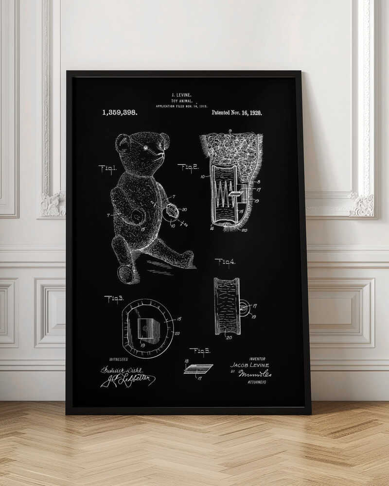 A framed vintage patent illustration for a toy animal, dated November 16, 1920. The technical drawing is presented in white on a black background, showing a teddy bear and detailed cross-sections of its internal mechanisms. Artwork