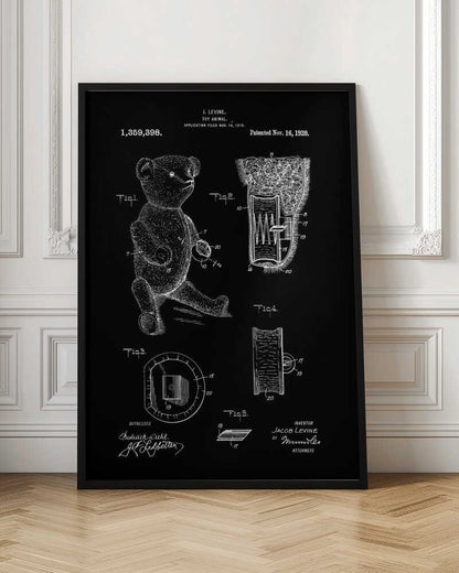 A framed vintage patent illustration for a toy animal, dated November 16, 1920. The technical drawing is presented in white on a black background, showing a teddy bear and detailed cross-sections of its internal mechanisms. Artwork