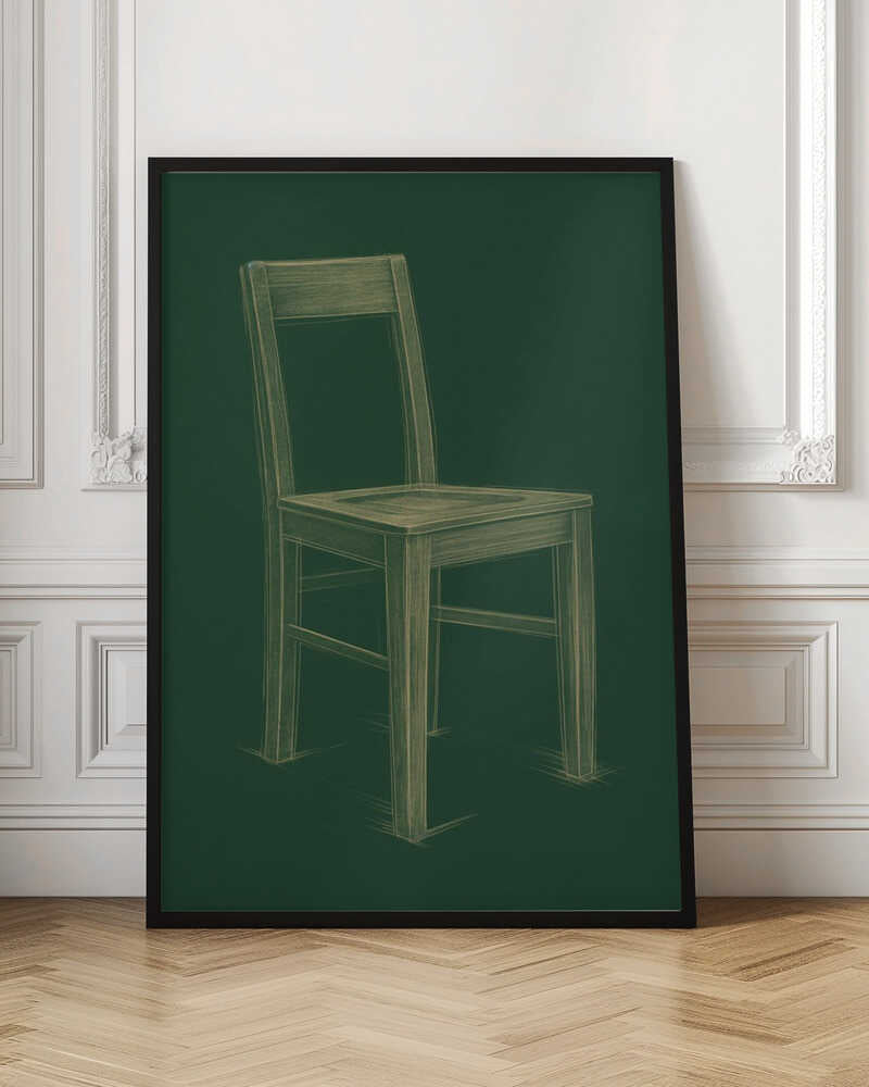A sketched illustration of a simple wooden chair in a light yellow-green color against a dark green background, resembling a chalk drawing on a chalkboard. The artwork is enclosed in a thin black frame. Wall Art