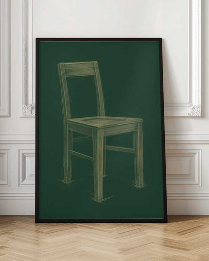 A sketched illustration of a simple wooden chair in a light yellow-green color against a dark green background, resembling a chalk drawing on a chalkboard. The artwork is enclosed in a thin black frame. Wall Art