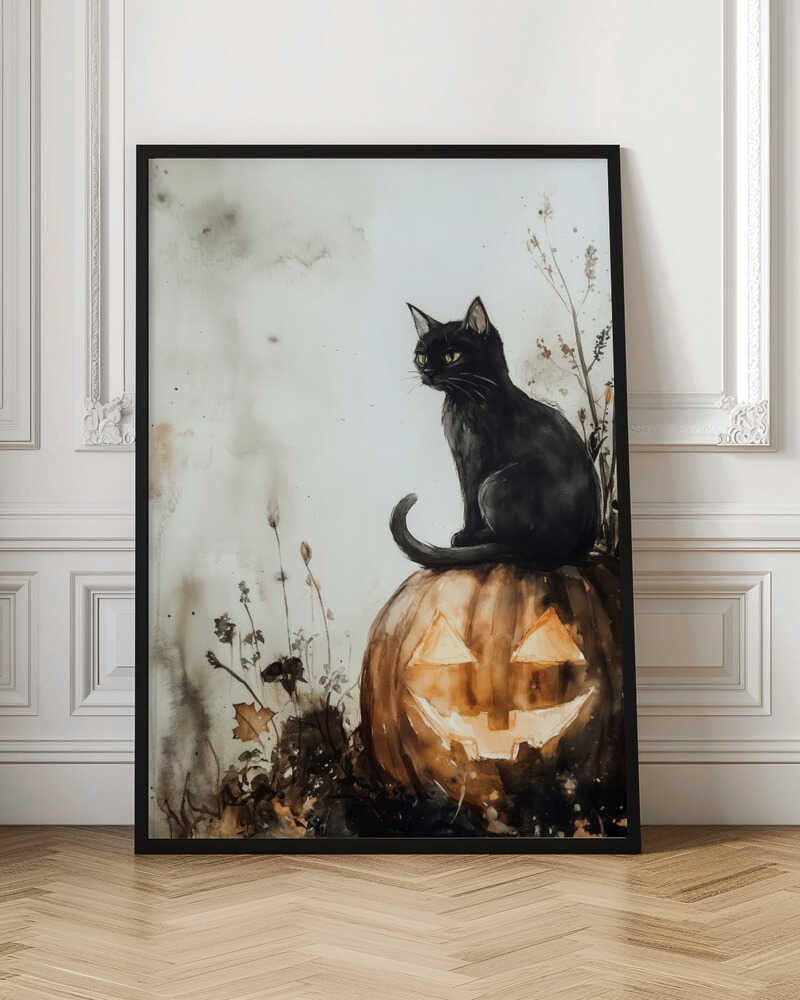 A watercolor style illustration of a black cat with bright yellow eyes sitting on top of a carved pumpkin. The jack-o'-lantern has a wide grin and is glowing from within. The background is a muted, off-white with grey and brown washes, and some dark foliage is visible around the base of the pumpkin. Poster