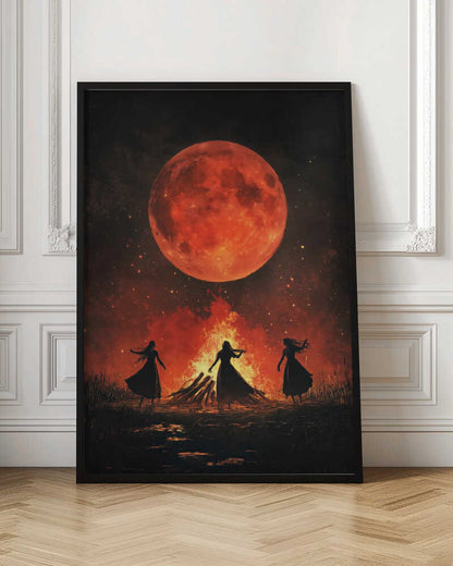 A dramatic painting of three silhouetted women in long dresses dancing around a large bonfire at night. Above them, a massive, textured, blood-red full moon hangs in a dark sky filled with embers and stars. Print