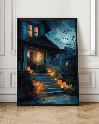 A painterly illustration of a blue house decorated for Halloween at night. Glowing jack-o'-lanterns line the front steps leading to a warmly lit porch. A swarm of bats flies across the dark, moonlit sky. Artwork