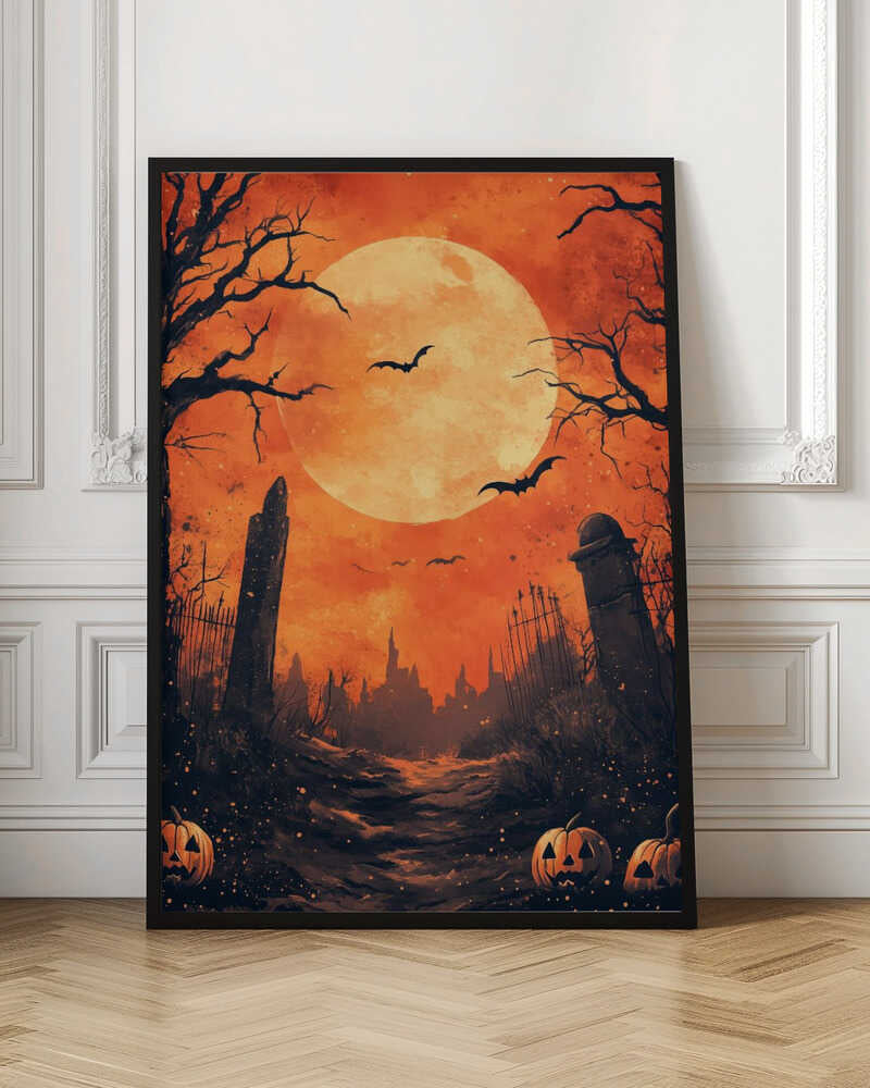 A spooky Halloween illustration of a path leading through a dark graveyard under a large, glowing full moon. Bats fly across the orange sky, silhouetted by the moon, while bare, gnarled trees and ancient tombstones frame the scene. In the foreground, carved jack-o'-lanterns glow menacingly. Artwork