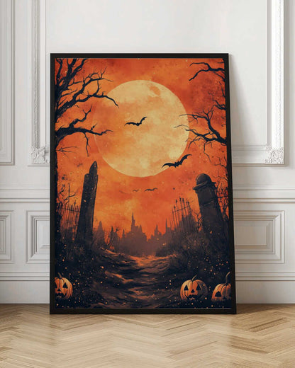 A spooky Halloween illustration of a path leading through a dark graveyard under a large, glowing full moon. Bats fly across the orange sky, silhouetted by the moon, while bare, gnarled trees and ancient tombstones frame the scene. In the foreground, carved jack-o'-lanterns glow menacingly. Artwork