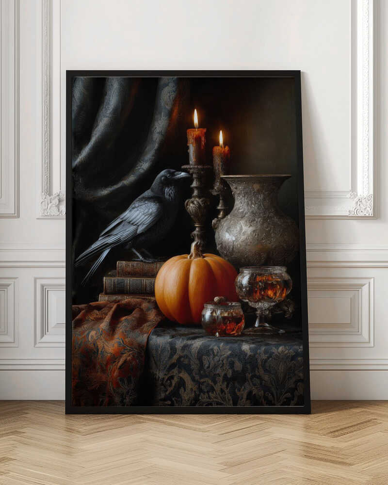 A moody and atmospheric still life featuring a black raven perched on a stack of old books next to a bright orange pumpkin. Two lit candles in ornate bronze holders cast a warm glow on an embossed metal vase, crystal glasses, and a dark, patterned tablecloth. Decor