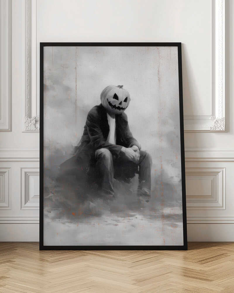 A moody, black and white painting of a person with a carved jack-o'-lantern for a head, sitting down in a foggy, indistinct environment. The figure is wearing a dark coat, white t-shirt, and jeans, with their hands clasped in their lap. Wall Art