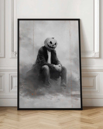 A moody, black and white painting of a person with a carved jack-o'-lantern for a head, sitting down in a foggy, indistinct environment. The figure is wearing a dark coat, white t-shirt, and jeans, with their hands clasped in their lap. Wall Art