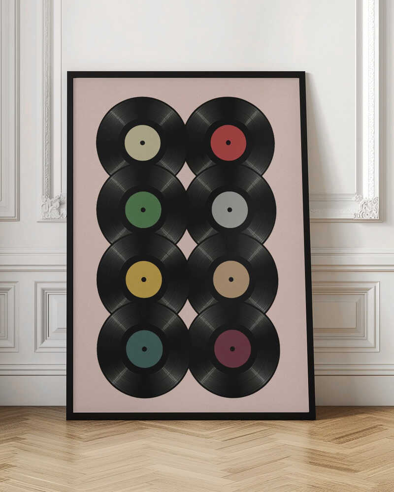 A graphic art print featuring eight black vinyl records arranged in two columns of four against a pale pink background. Each record has a different solid-colored label, creating a colorful and retro pattern. The artwork is enclosed in a simple black frame. Artwork