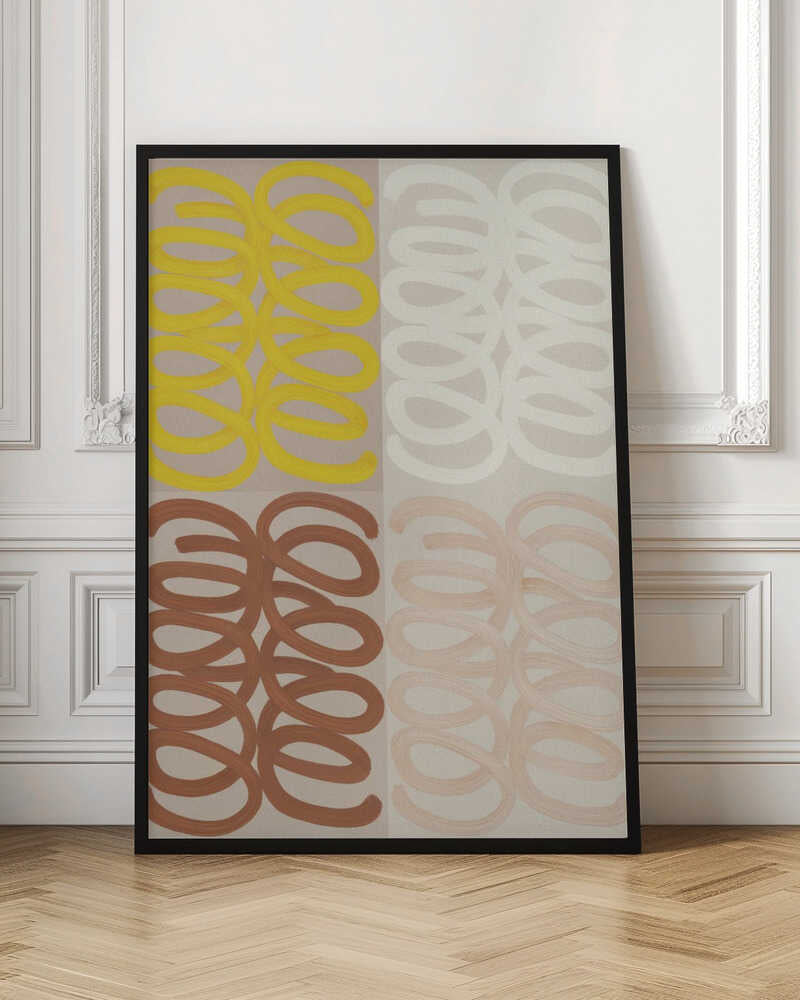 A modern abstract painting in a black frame, divided into four quadrants. Each quadrant features repeating, hand-painted coil patterns: yellow in the top left, off-white in the top right, rust brown in the bottom left, and pale peach in the bottom right, all set against a neutral beige background. Wall Art