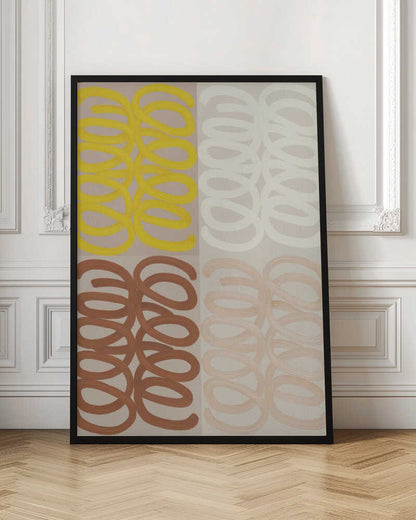 A modern abstract painting in a black frame, divided into four quadrants. Each quadrant features repeating, hand-painted coil patterns: yellow in the top left, off-white in the top right, rust brown in the bottom left, and pale peach in the bottom right, all set against a neutral beige background. Wall Art