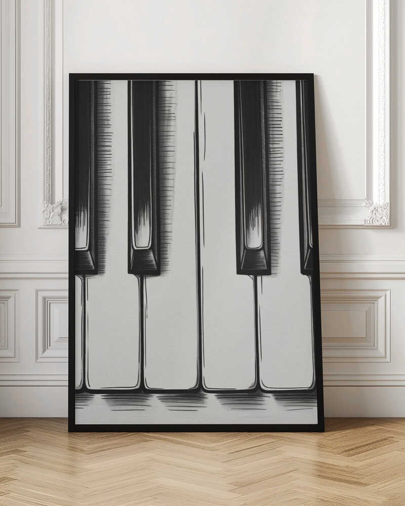 A stylized, close-up illustration of black and white piano keys. The artwork is rendered in a graphic, sketch-like style with bold black outlines and hatched shading. The vertical composition is tightly framed in black, focusing on a small section of the keyboard. Print