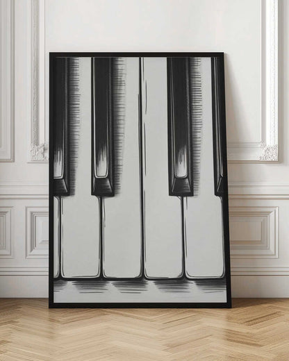 A stylized, close-up illustration of black and white piano keys. The artwork is rendered in a graphic, sketch-like style with bold black outlines and hatched shading. The vertical composition is tightly framed in black, focusing on a small section of the keyboard. Print