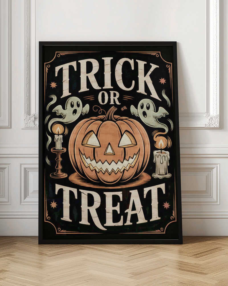 A vintage-style Halloween poster featuring the words 'Trick or Treat'. A large, smiling jack-o'-lantern sits in the center, flanked by two floating ghosts and two lit candles. The background is black with a decorative orange border and small stars. Wall Art