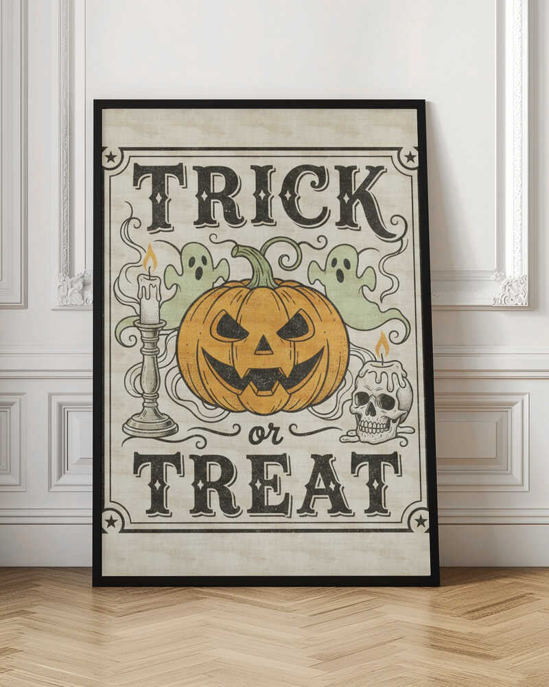 A vintage-style Halloween art print with the words 'TRICK or TREAT' in a stylized black font. In the center is a large orange jack-o'-lantern flanked by two small green ghosts, a lit candle in a candlestick, and a lit candle on a skull. The background is a distressed cream color, and the entire image is enclosed in a decorative border with stars in the corners. Poster