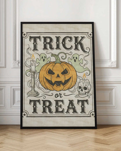 A vintage-style Halloween art print with the words 'TRICK or TREAT' in a stylized black font. In the center is a large orange jack-o'-lantern flanked by two small green ghosts, a lit candle in a candlestick, and a lit candle on a skull. The background is a distressed cream color, and the entire image is enclosed in a decorative border with stars in the corners. Poster