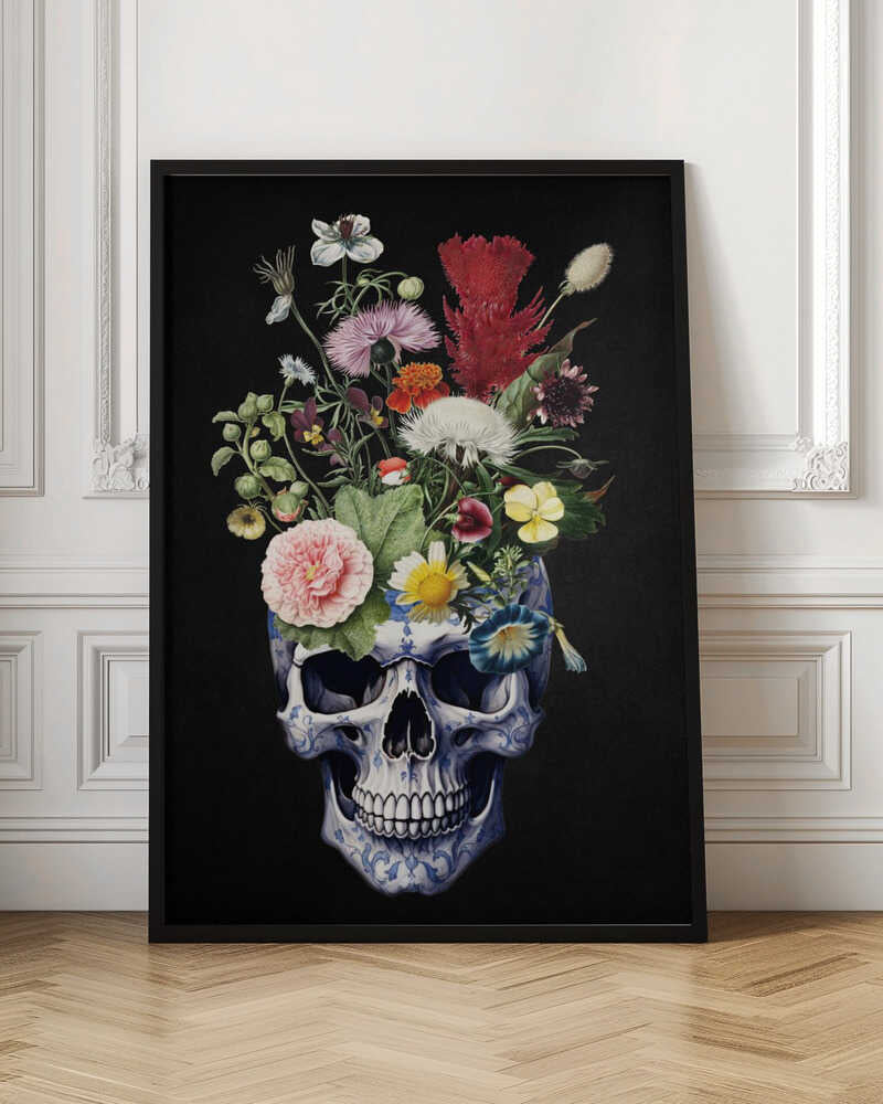 A detailed painting of a human skull that serves as a vase for a vibrant bouquet of flowers. The skull is adorned with a blue and white porcelain-like pattern, and the overflowing flowers include pink peonies, red cockscomb, and yellow daisies against a solid black background. Poster