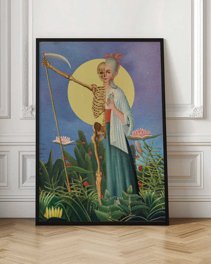 A surrealist painting of a figure split down the middle: one half is an elegant 18th-century woman, the other a skeleton. The composite figure, resembling the Grim Reaper, holds a scythe and stands in a lush green jungle under a large yellow moon against a blue night sky. Decor