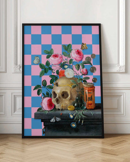 A classic vanitas still life painting juxtaposed with a modern, bright pink and blue checkerboard background. The composition features a golden skull surrounded by vibrant pink roses, butterflies, an hourglass, and coins on a dark stone table. Poster