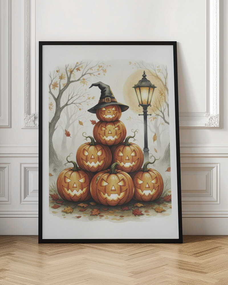 A whimsical watercolor painting of a pyramid of seven glowing jack-o'-lanterns. The top pumpkin sports a black witch's hat. An old-fashioned lamppost illuminates the spooky scene, set in a misty forest with bare trees and falling autumn leaves. Print