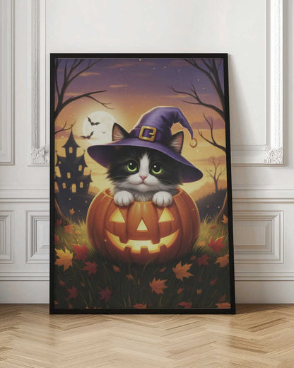 A cute black and white kitten with big green eyes wears a purple witch hat while peeking out from inside a glowing jack-o'-lantern. The scene is set at dusk during Halloween, with a haunted house, a full moon, and bats in the background. Poster