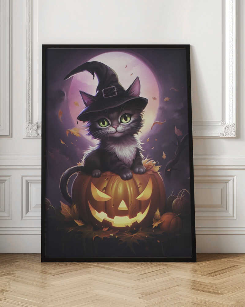 A whimsical painting of a cute black kitten with bright green eyes wearing a witch's hat, sitting on top of a glowing jack-o'-lantern. In the background is a large purple full moon and falling autumn leaves, creating a magical Halloween scene. Print