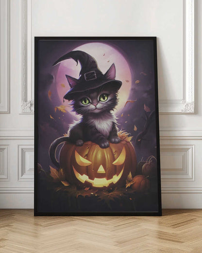 A whimsical painting of a cute black kitten with bright green eyes wearing a witch's hat, sitting on top of a glowing jack-o'-lantern. In the background is a large purple full moon and falling autumn leaves, creating a magical Halloween scene. Print