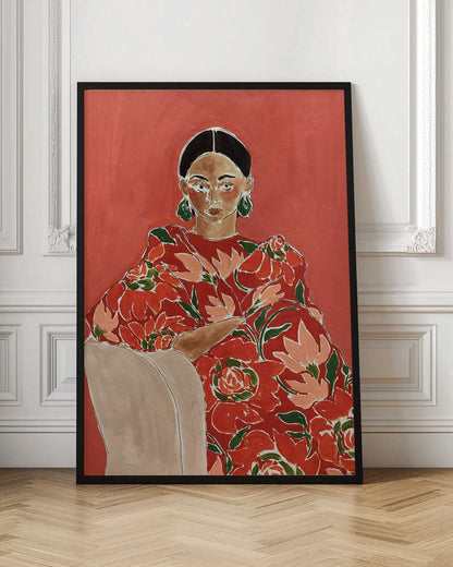 Modern portrait painting of a woman in a red floral dress with green earrings against a bold red background.