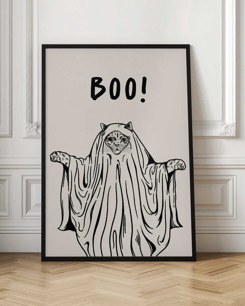 A minimalist black and white line drawing of a cat in a ghost costume. The cat's face peeks out from under a sheet, and its paws are held out to the sides. Above its head, the word 'BOO!' is written in a playful, hand-drawn font. Artwork