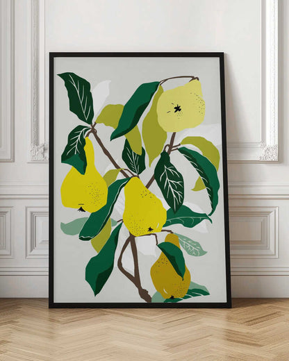 A modern graphic illustration of a pear tree branch heavy with ripe yellow pears. The composition features bold dark green and lighter green leaves against a soft, light grey background, all enclosed in a thin black frame. Artwork