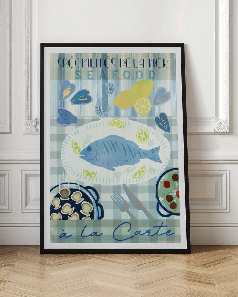 A vintage-style illustrated poster advertising seafood with French text. It features a platter with a whole blue fish and lemon slices on a blue and white checkered tablecloth, surrounded by mussels, shrimp, lemons, a pan of scallops, and a salad. Artwork