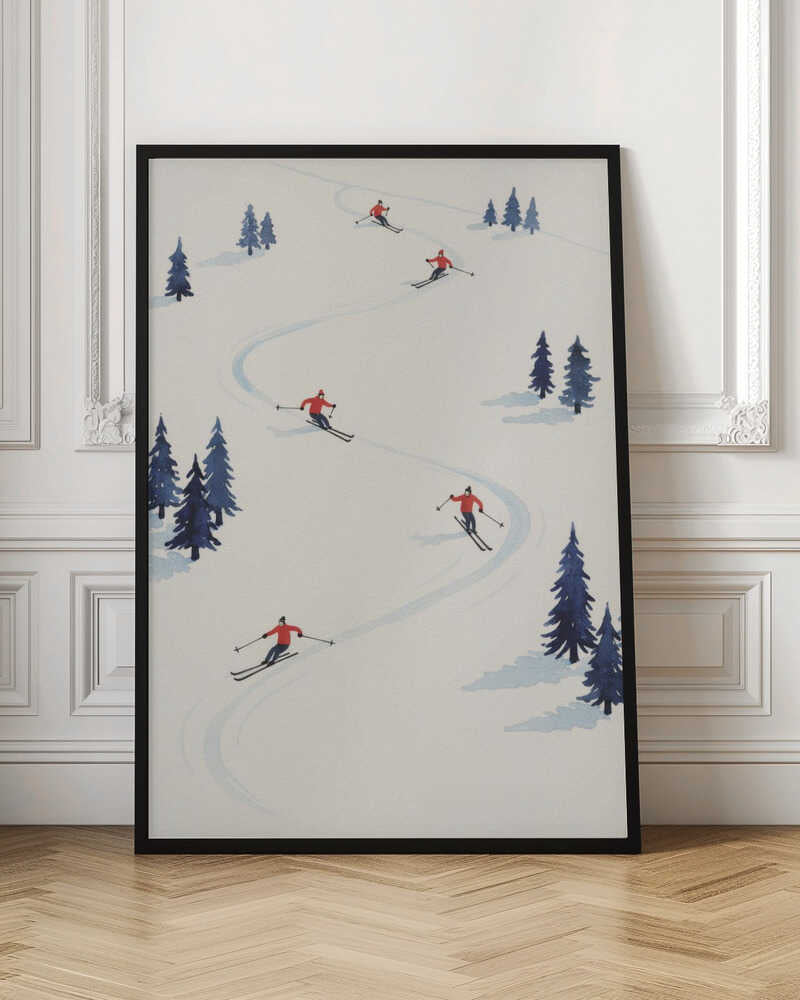A minimalist illustration of several skiers in red jackets skiing down a wide, snow-covered slope, weaving between small clusters of blue pine trees. The scene is depicted from an overhead angle within a black frame. Artwork