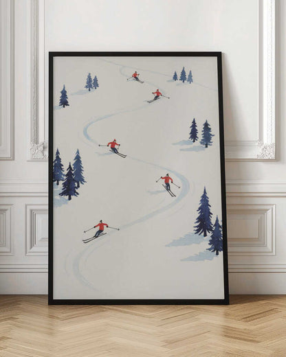 A minimalist illustration of several skiers in red jackets skiing down a wide, snow-covered slope, weaving between small clusters of blue pine trees. The scene is depicted from an overhead angle within a black frame. Artwork