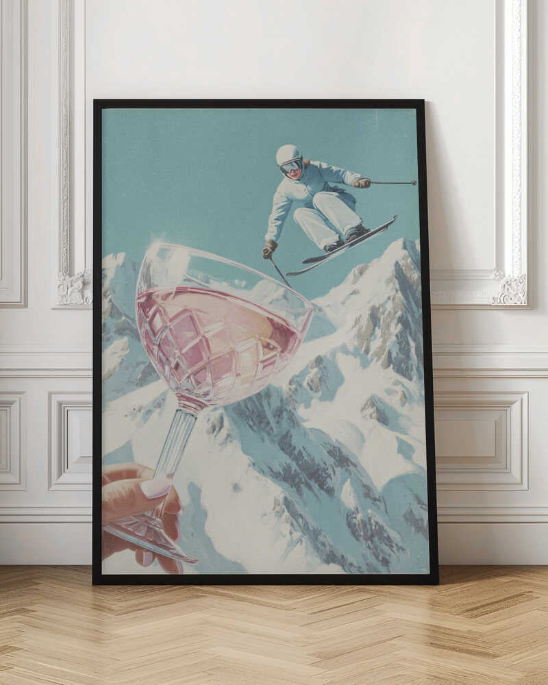 A vintage-style collage of a skier in a white snowsuit jumping mid-air over a large crystal glass of rosé wine held up in the foreground, with snowy mountains in the background under a pale blue sky. Print