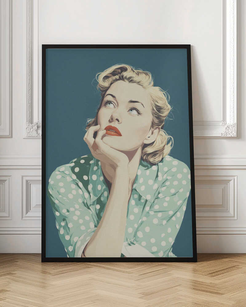 A vintage-style illustration of a blonde woman with red lipstick, wearing a green and white polka dot shirt. She is looking up thoughtfully with her chin resting on her hand against a solid teal blue background. Print