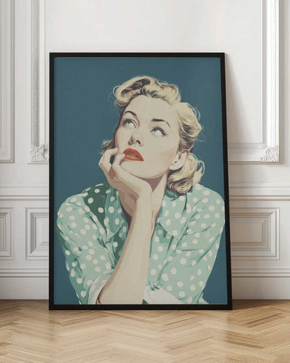A vintage-style illustration of a blonde woman with red lipstick, wearing a green and white polka dot shirt. She is looking up thoughtfully with her chin resting on her hand against a solid teal blue background. Print