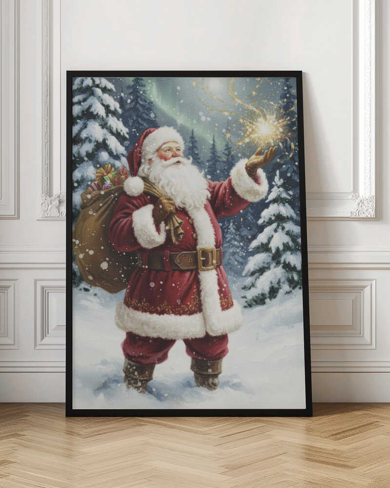 A classic painted portrait of Santa Claus in a red suit standing in a snowy evergreen forest at night. He holds a large sack of presents over his shoulder and looks up at a magical golden sparkler of light floating above his open palm. Print