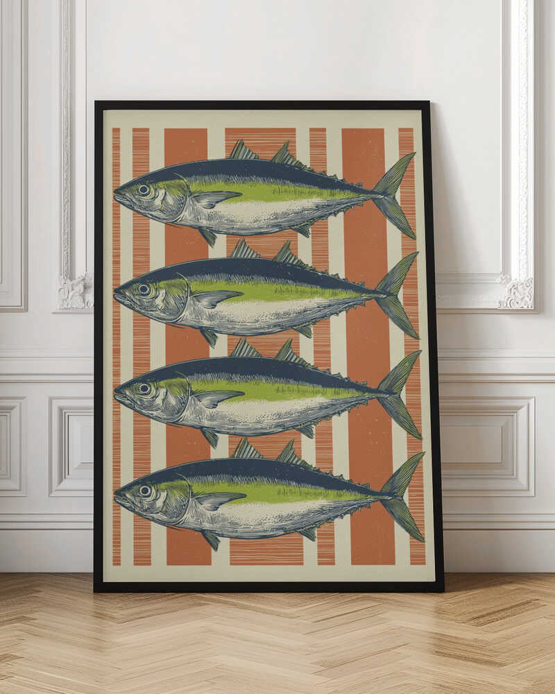 A vintage-style illustration of four identical fish, likely tuna, stacked horizontally against a background of vertical orange and off-white stripes. The fish are colored with blue backs, a lime green stripe, and a white underbelly, rendered in a detailed, retro print style. Print